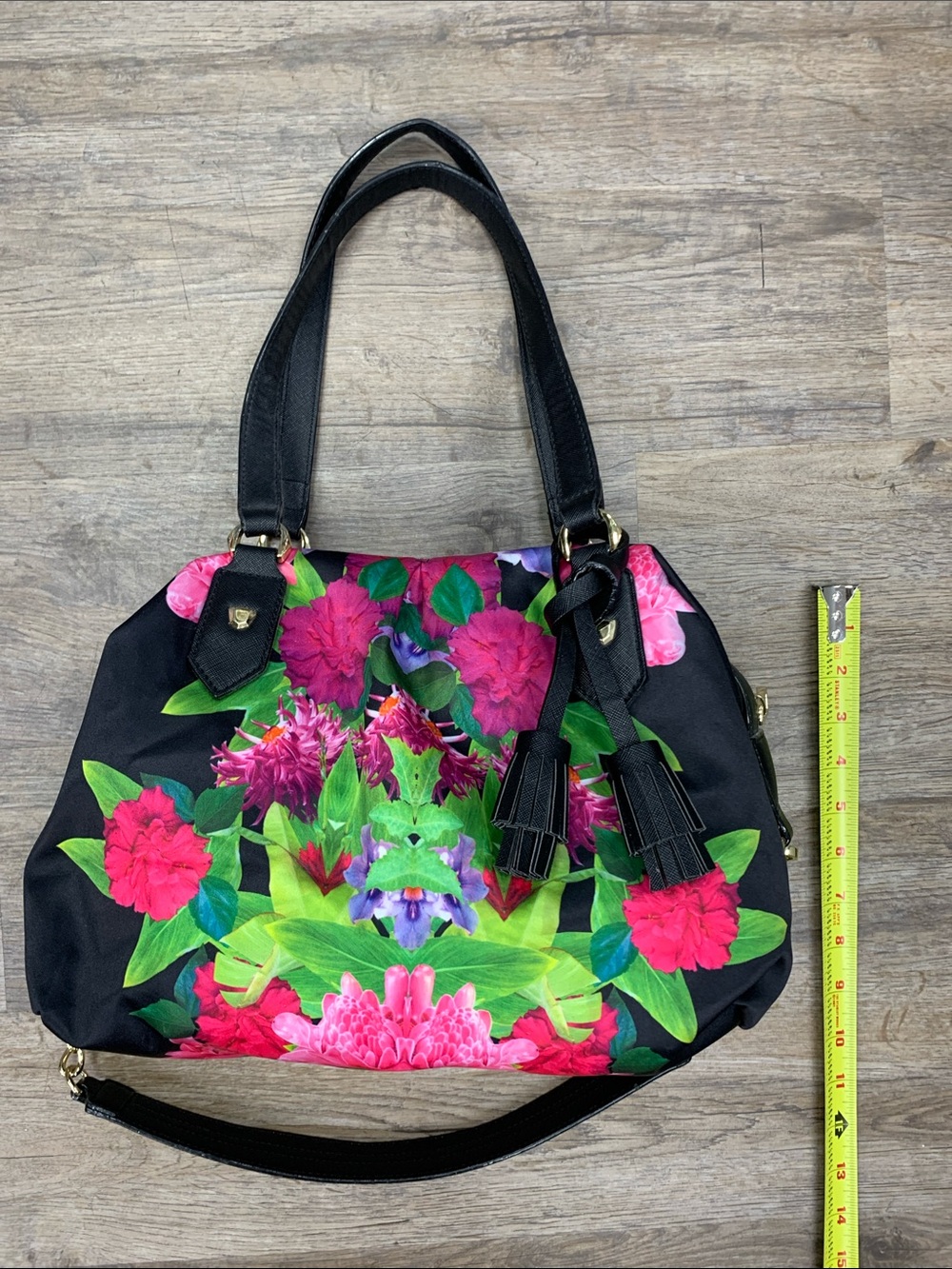 Gianni Bini Black Shoulder Bag with Pink & Green Floral Print